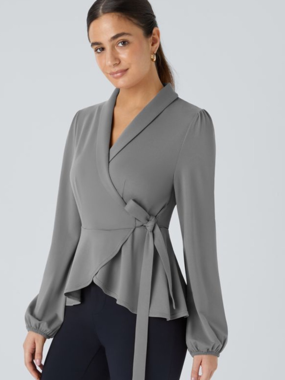 Shawl Collar Wrapped Tie Side Ruffle Hem Work Blouse